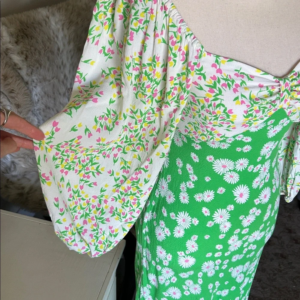 Rixo X target Vtg 70’s green floral spring puff balloon sleeve midi dress S/M 4 - Picture 4 of 11